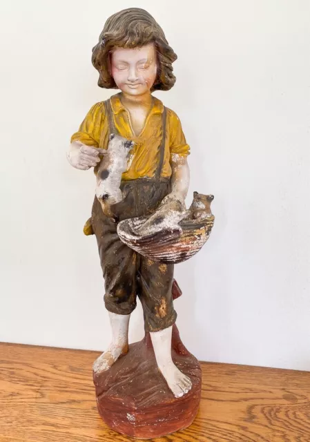 1930s Chalkware Figure Of Boy With Kittens, Signed +Reg no +458  Charming.