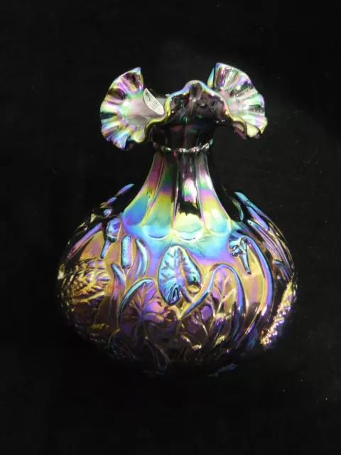 Fenton VASELINE Carnival Glass SWAN VASE Purple Opalescent Iridescent Ruffles