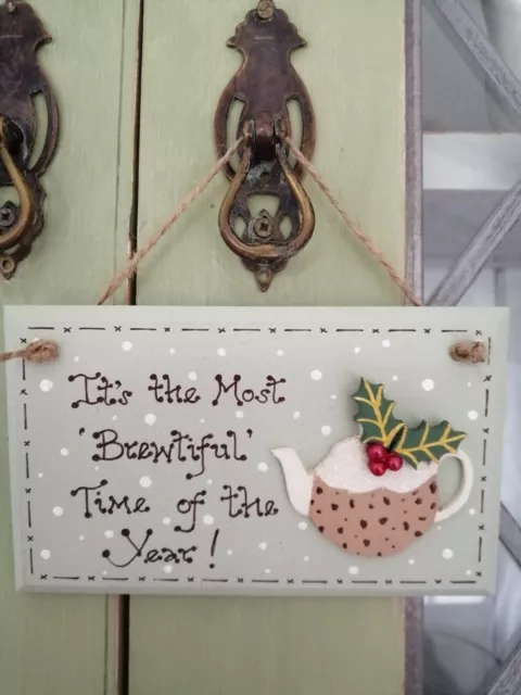 🎄Handmade Christmas Tea Pot Pudding Plaque Sign Gift Present Shabby Chic *