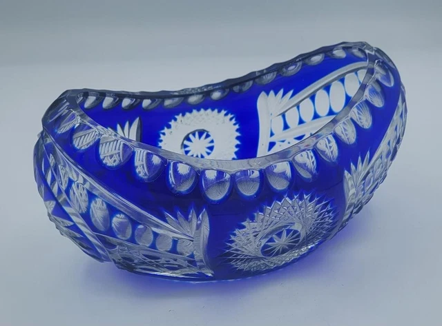 VTG Cobalt Blue Cut to Clear Bohemian Crystal Bowl Candy Trinket Oval Bowl