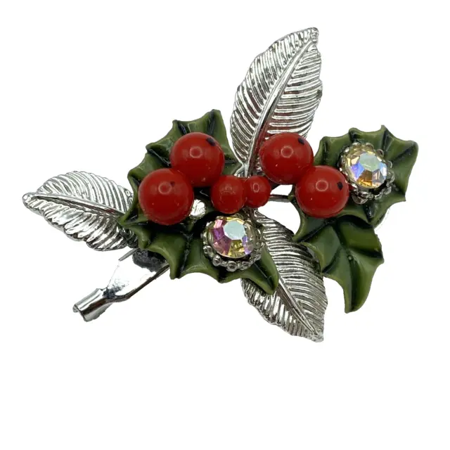 Vintage Brooch Holly Leaves Berries Silvertone 2" Enamel AB Crystal