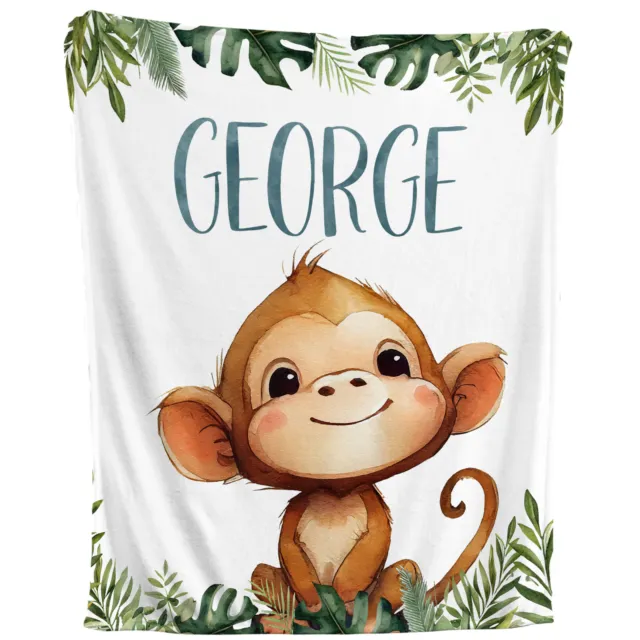 Monkey Blanket - Personalized Fleece Throw, Jungle Nursery Theme Kids Baby Gift