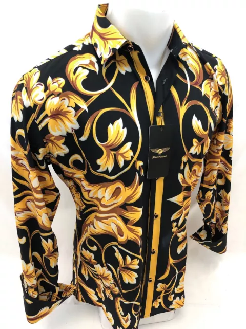 Mens PREMIERE Long Sleeve Button Down Dress Shirt BLACK GOLD PAISLEY 633 NWT HOT