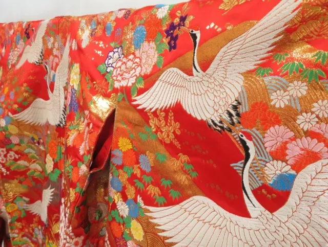 2916T08z3950  Japanese Kimono Silk UCHIKAKE Flying crane Red 2