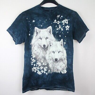 White Wolves Womens Tshirt Top Graphic Print Cotton Tie Dye Blue M Medium