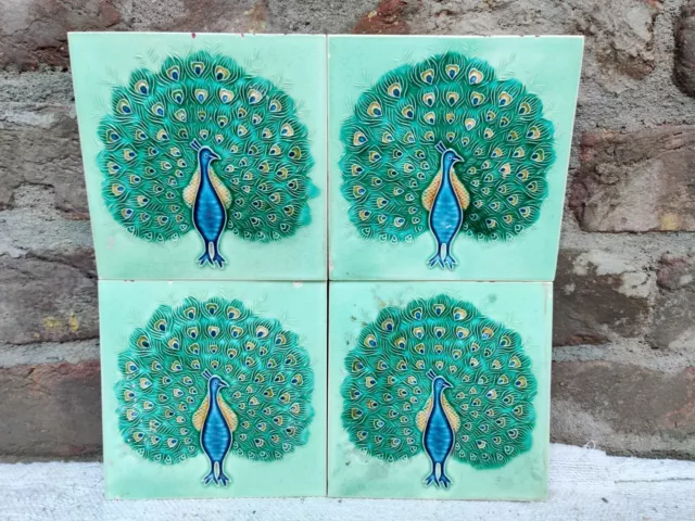 1940s Vintage Peacock Embossed Nouveau Architecture Furniture Tile Japan 4 Piece