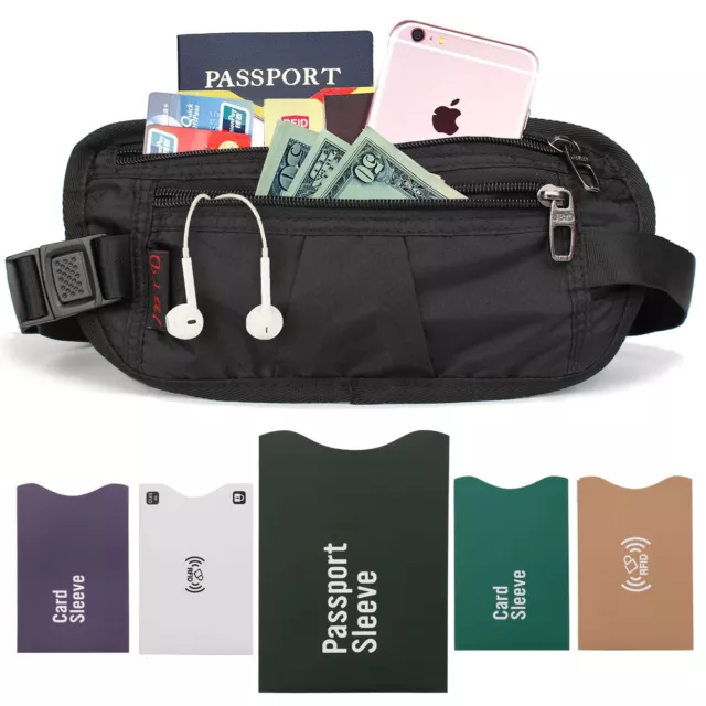 RFID Blocking Sleeves Waist Adjustable Pocket Money Passport Holder Belt Black