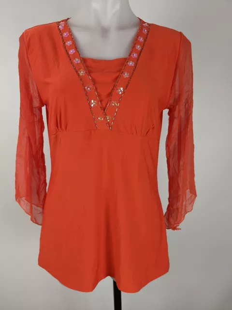 Misses Me Women's Top Size 2XL Orange Long Sleeve V-Neck T-Shirt Beading NEW