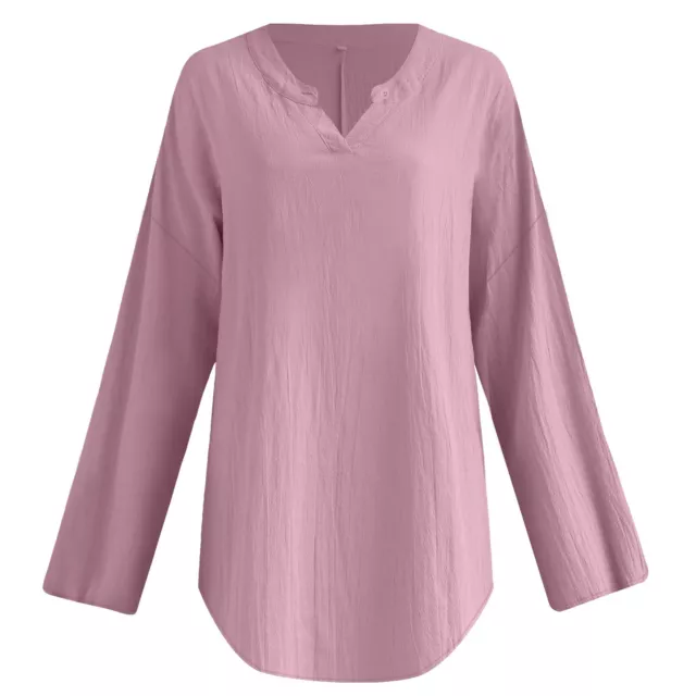 Women's Cotton Linen Solid Long Sleeve Shirt V-Neck Loose Blouse Pullover Top 3