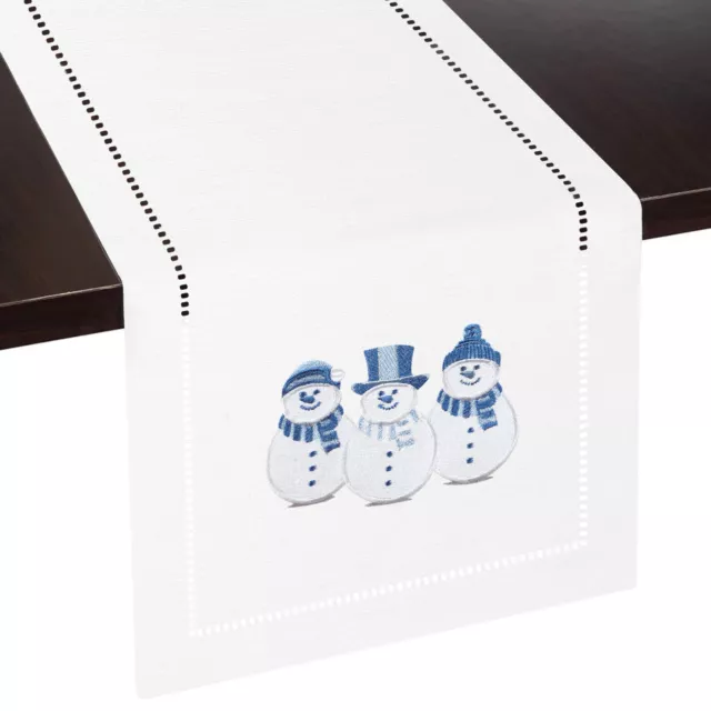 Winter Snowman Embroidered Table Runner, Christmas Farmhouse Decor | White