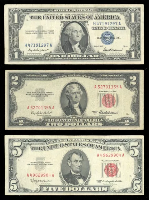 Set of 3 Paper Money Silver Certificate, & Red Seal $1 1957 $2 1953 $5 1963 Fine