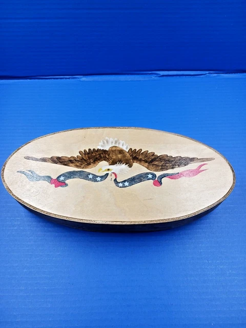 Vintage Hand Painted Wood Shaker Style Box Eagle with Banner Scene Folk Art
