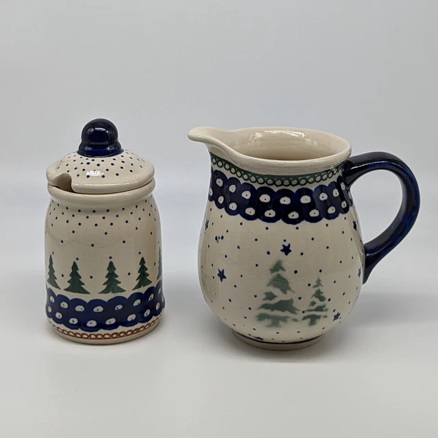 Boleslawiec Pottery Pine Trees Christmas Creamer & Sugar Set Poland