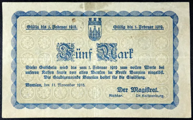 BUNZLAU / BOLESŁAWIEC 1918 5 Mark Grossnotgeld German Notgeld Banknote Poland
