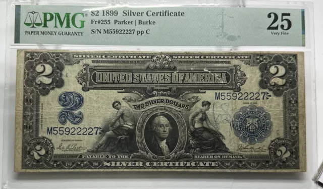 1899 PMG VF25 | US Silver Certificate $2 Two Dollar Bank Note #M559222227