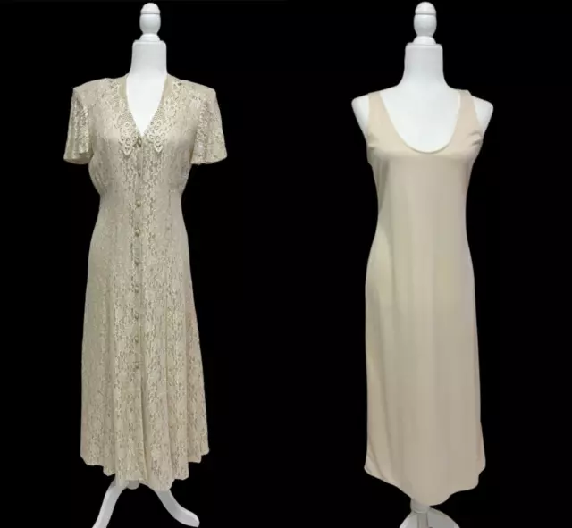 Vintage 80s Junior 7/8 or Women S Ivory Lace Full Button Midi Dress + Slip- 2pc