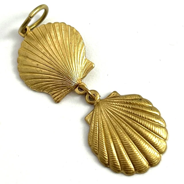 Scallop Seashell Pendant Double Dangly Vintage Brass Shell Charm Beach Jewelry
