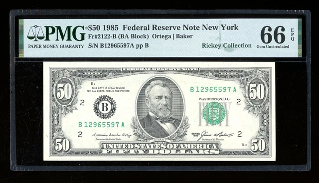 DBR 1985 $50 FRN New York Gem Fr. 2122-B PMG 66 EPQ Serial B12965597A