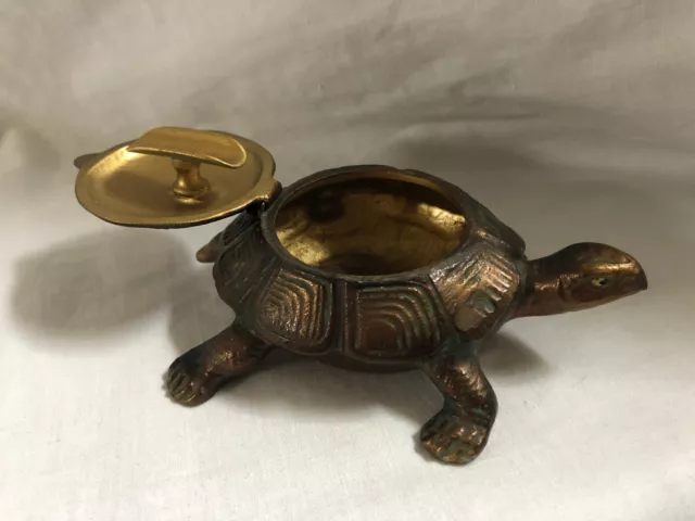 VINTAGE Brass Turtle Tortoise Trinket Box Ashtray Hinged Lid