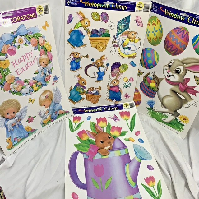 4 Happy Easter Bunny Egg Basket Window Static Cling Lot Unused 2005 Vintage