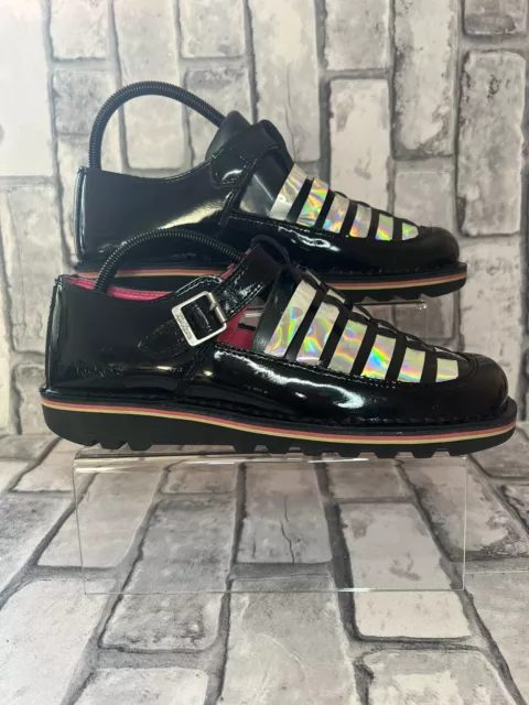 Kickers Shoes Womens Size UK 8 Black Patent Leather Chunky Holographic T Bar