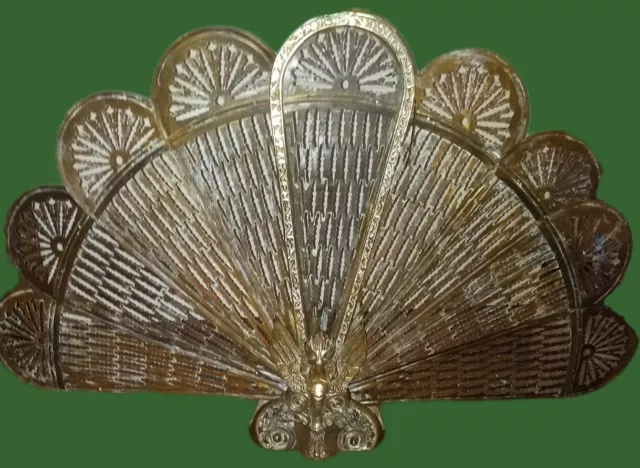 Vintage Brass Fireplace Screen Griffin Phoenix Peacock Folding Fan Ornate 36"