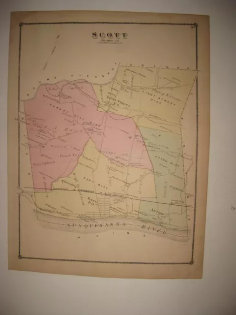 Antique 1876 Scott Township Espy Columbia County Pennsylvania Handcolored Map Nr