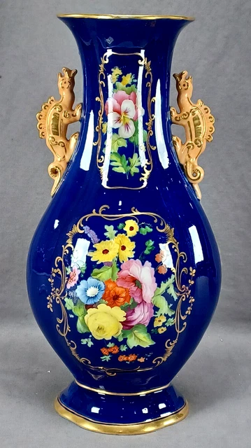 Minton Hand Painted Floral Gold & Cobalt Chinese Form Dragon Handle Vase 1820 B