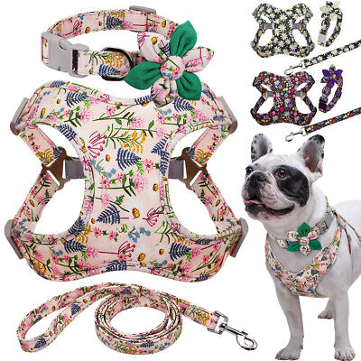 Floral Pet Dog Collar and Leash Reflective Soft Mesh Walking Vest Harness S M L
