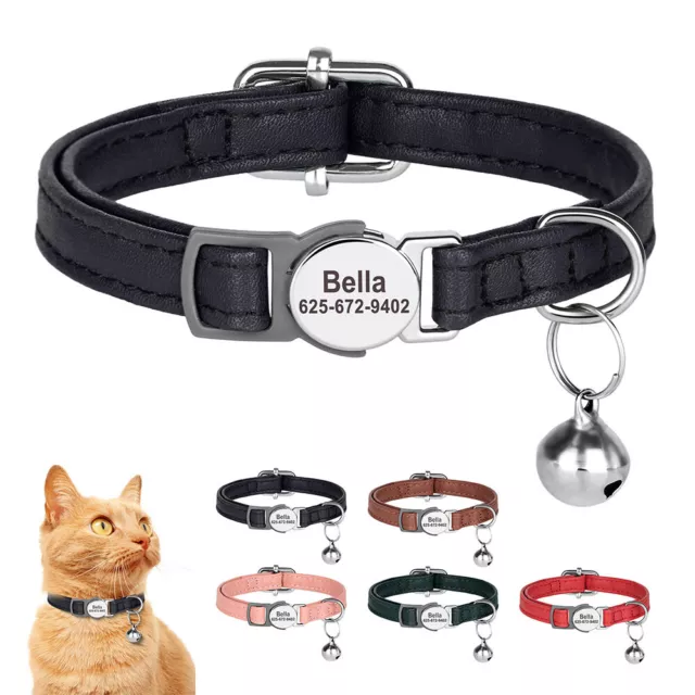 Breakaway Personalised Cat Collar Bell Soft Leather Kitten Puppy ID Tag Engraved