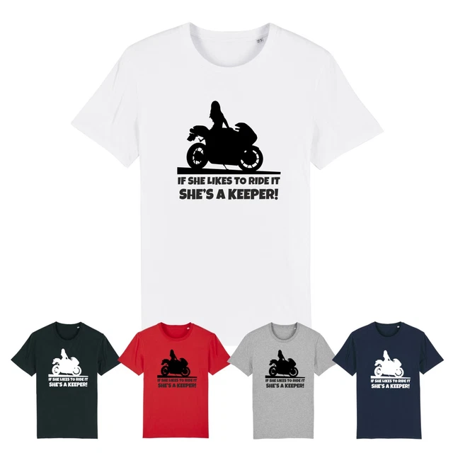 T-shirt divertente IF SHE LIKES TO RIDE IT donna motociclista moglie scherzo TOP