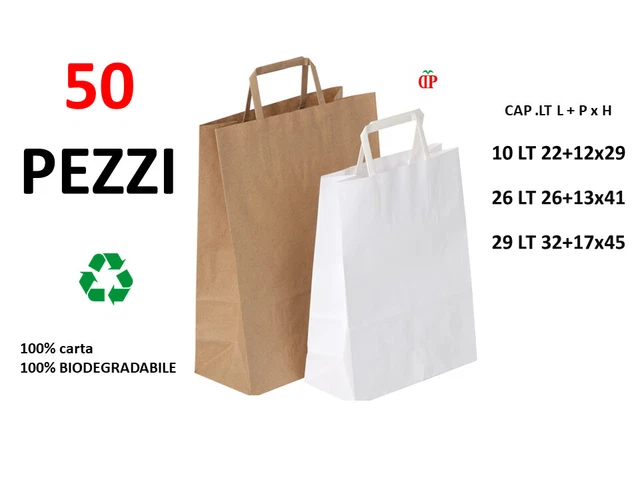 50 BUSTE BORSE SHOPPER DI CARTA KRAFT AVANA o BIANCA CON MANICI PIATTI 100% BIO