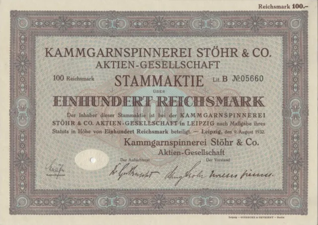 7 Aktien á 100 RM der Kammgarnspinnerei Stöhr & Co. AG, Leipzig 9. August 1932