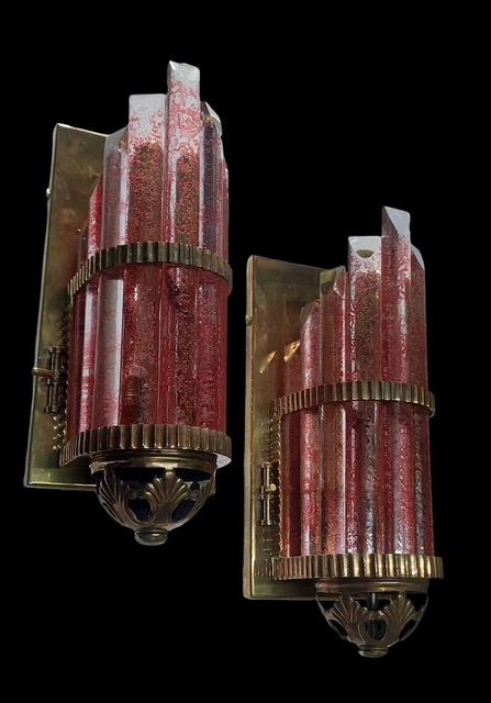 Pair Skyscraper Art Deco Metro Light Wall Sconces Copper Cameo Glass Ship Lamp
