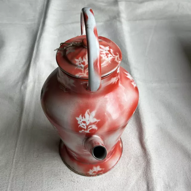 Antique French Floral Red Enamel Watering Can/Jug With Lid Enamelware 2