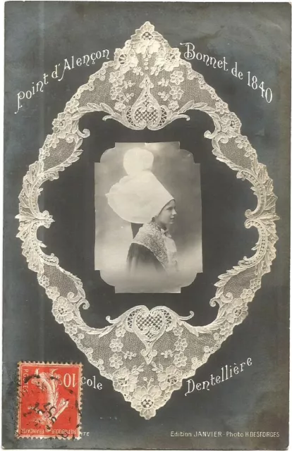 Lace. Point d'Alençon. 1840 cap. Posted in 1907.Belle CPA.