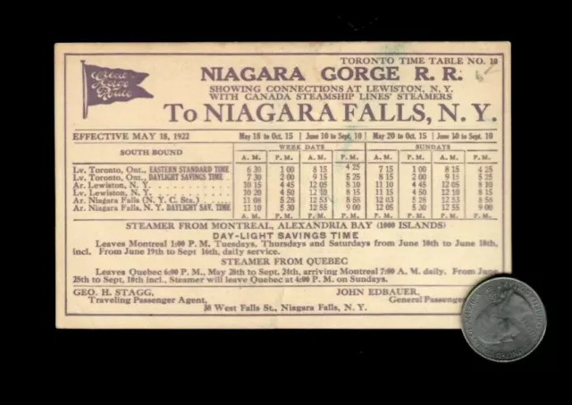 1922 Niagara Gorge Railroad Timetable- To Toronto, To Niagara Falls NY