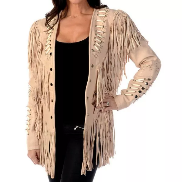 Women Western Cowboy Cowgirl Fascinating Leather Jacket With Fringe Beaded Bones