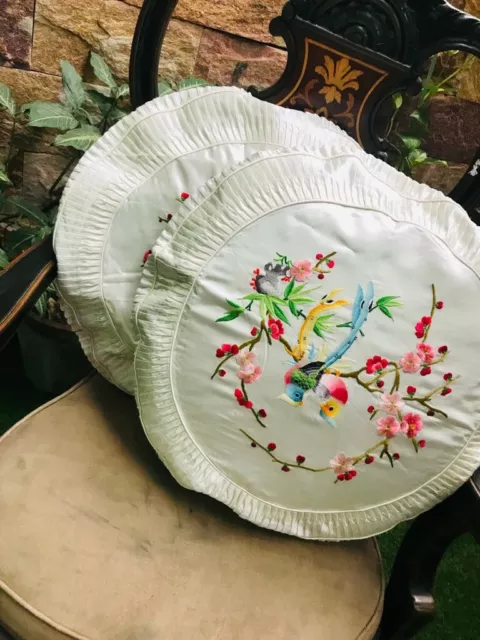 Antique chinese silk hand embroidered 20th Century  birds cushion covers set