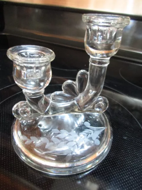 Vintage Jeannette Etched Clear Glass Double Candle Holder