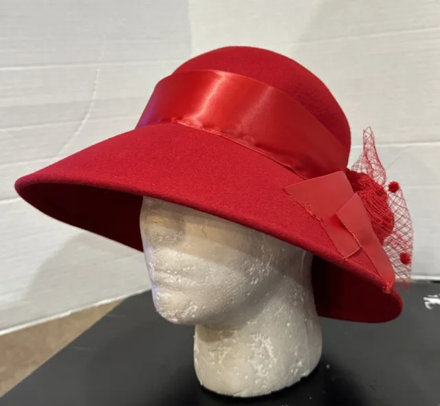 Vintage Betmar New York Womens Red 100% Wool Floral Wide Brim Sun Hat