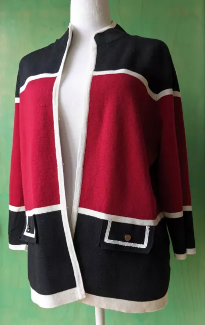 Kasper Color Block Red, Black & White Cardigan Sweater / Jacket, Size Large EUC