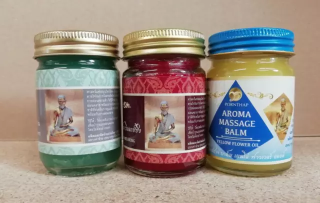 *Pornthap* Thai Green, Yellow & Red  Massage Balm  3 x 50g Jars
