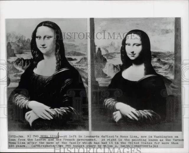 1963 Press Photo Two Mona Lisas: da Vinci's Mona Lisa and the Varnon Mona Lisa