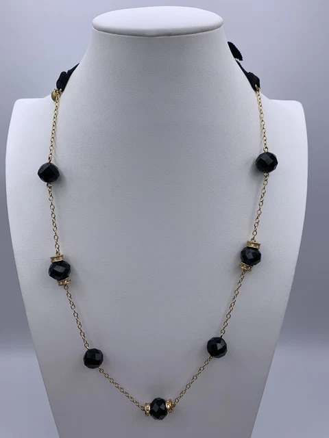 J. Crew Necklace Gold Tone Black Faceted Glass Crystal Adjustable Tie Ribbon