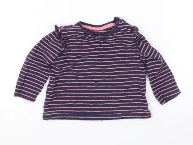 F&F Girls Blue Striped Cotton Basic T-Shirt Size 3-6 Months Round Neck Snap