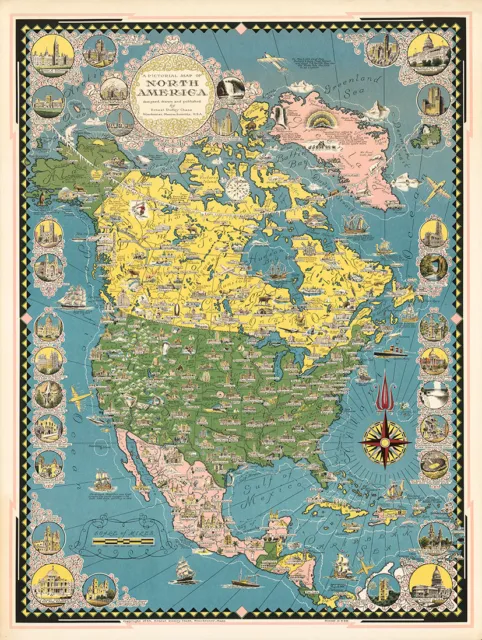 A Pictorial Map of North America 1945 75cm x 56.5cm High Quality Art Print