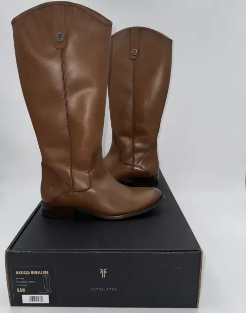 Frye Marissa Medallion Cognac Leather Riding Boots Zip 8.5; Perfect New in Box