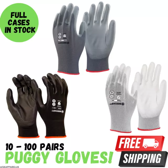 Puggy Black Grey Safety Work Gloves Pu Palm Coated Builders Mechanic Constructio