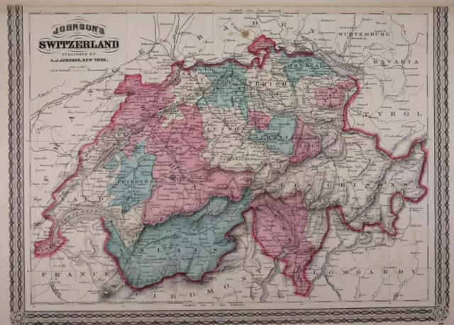 Authentic 1874 Johnson's Atlas Map ~ SWITZERLAND ~ FreeS&H    Inv#60